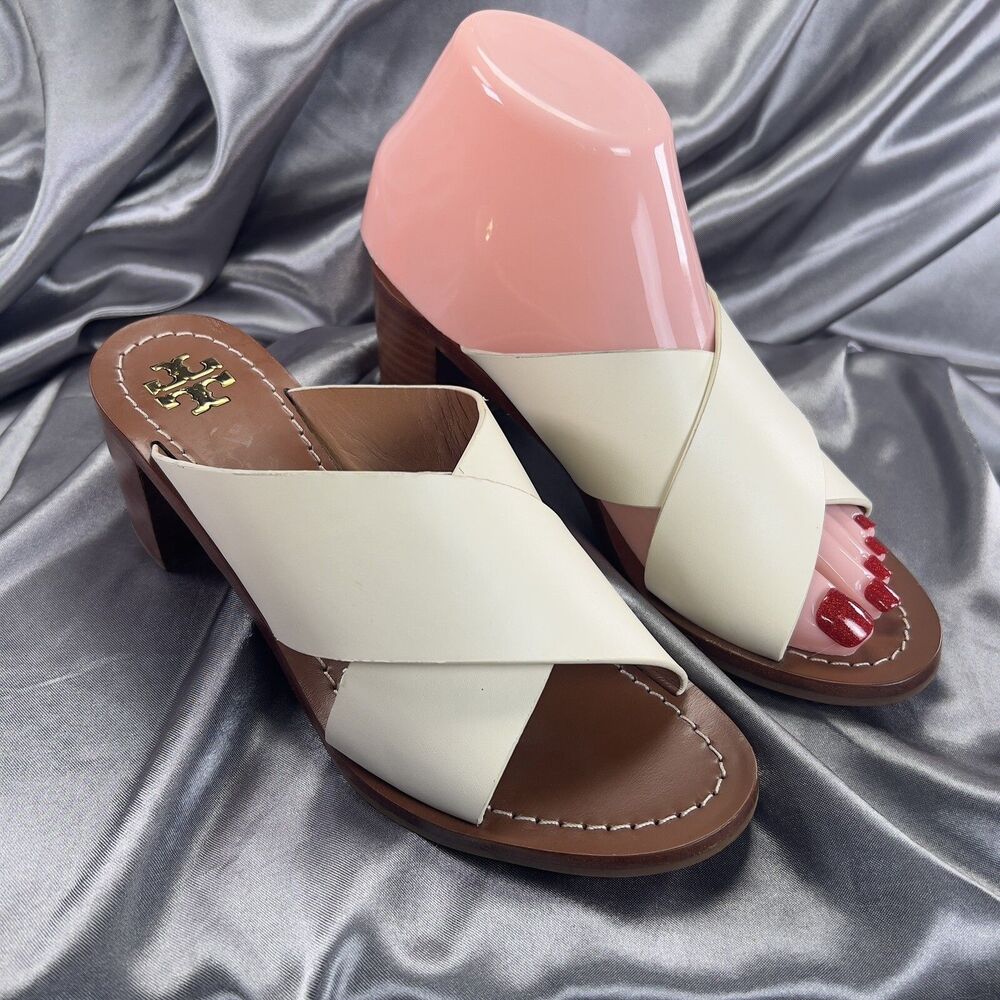 Tory Burch Montrose Mules Sandals Women's 6 Block Heel‎ Ivory Tan Cross Straps
